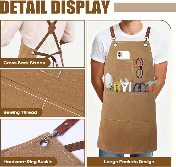 Aprons For Women Men With Large Pockets, Waterproof Cotton Chef Aprons For Cooking Server Grilling Bbq Kitchen - Image 4