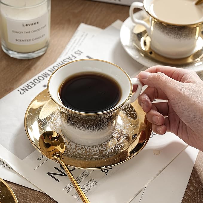 Tea Cups and Saucers Set of 2 with Gold Spoon, Ceramic Coffee Cups with Matching Plates, Handcrafted Gold & Silver Glaze, Luxury Cup & Saucer Gift Set with Box, 5oz