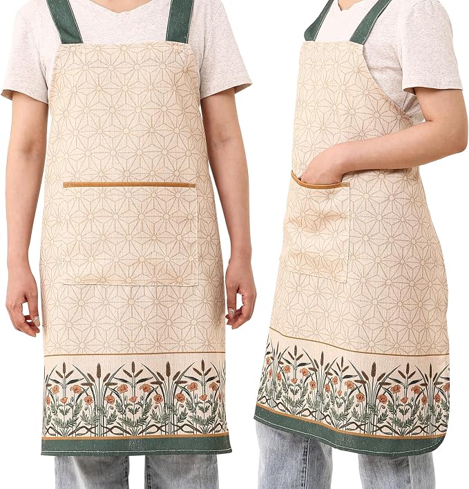 patdrea Blue Floral Linen Apron with Pocket,French Kitchen Garden Chef BBQ Aprons for Women and Men,Crisscross Back Straps - Image 3