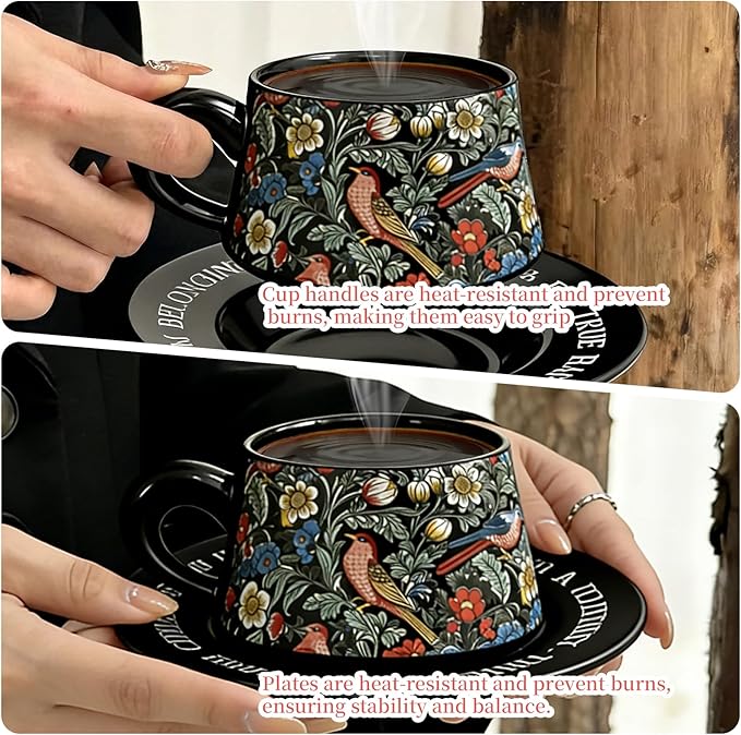 Ceramic Cup and Saucer Set, Luxurious Coffee/Tea Mug, Vintage Beautifully Printed Cups with Handle Practical Gifts for Women Housewarming/Birthday/New Year/Valentine's Day/Mother's Day, 8.8oz (Black)