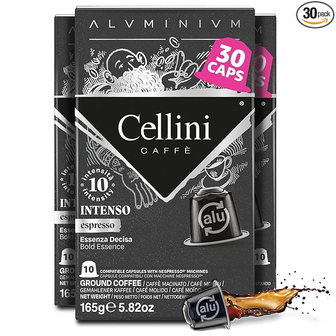 Cellini Caffè Intenso Aluminum Nespresso Pods, 30 Count, Dark Roast Coffee Capsules, 100% Nespresso Original Machine Compatible, Extra Strong