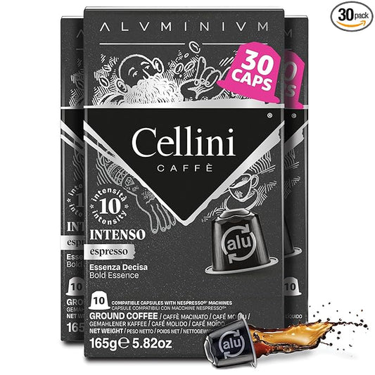 Cellini Caffè Intenso Aluminum Nespresso Pods, 30 Count, Dark Roast Coffee Capsules, 100% Nespresso Original Machine Compatible, Extra Strong