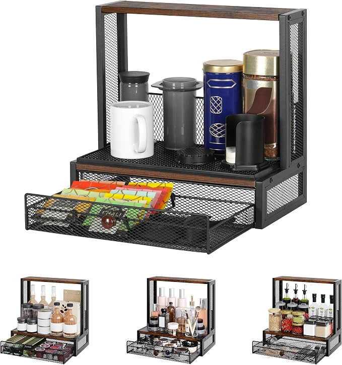 TQVAI Coffee Bar Organizer, Countertop Coffee Station with Drip Mat and Sliding Pods Drawer, Coffee Press Stand Compatible for Original/Go/XL Model Flow Control Filter Cap Scoop, Black/Antique by TQVAI