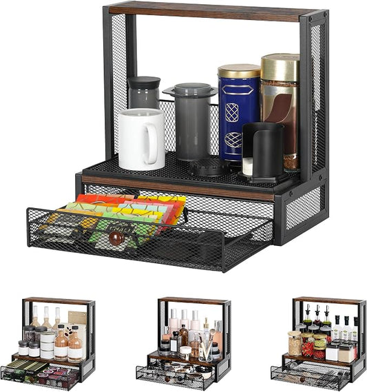 TQVAI Coffee Bar Organizer, Countertop Coffee Station with Drip Mat and Sliding Pods Drawer, Coffee Press Stand Compatible for Original/Go/XL Model Flow Control Filter Cap Scoop, Black/Antique by TQVAI