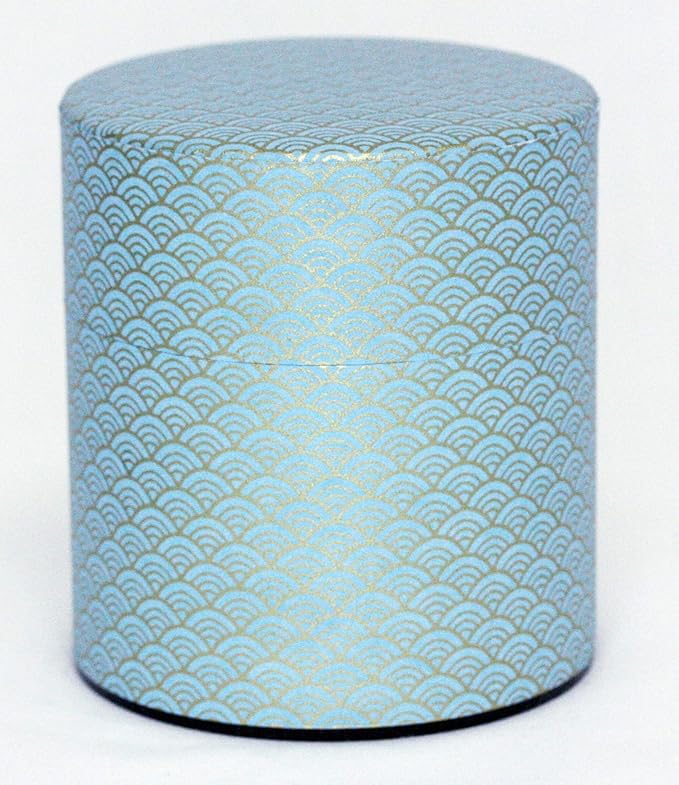 Washi Paper Tea Tin Canister: Wide 5.3oz (150g) SkyBlue Waves with Gold Outlines (#89), Japan