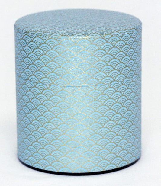 Washi Paper Tea Tin Canister: Wide 5.3oz (150g) SkyBlue Waves with Gold Outlines (#89), Japan