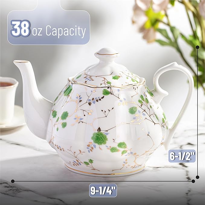BTaT- Floral Tea Pot, 38 oz, White with Green Roses & Gold Trim, Porcelain Teapot Ceramic, Dishwasher Safe