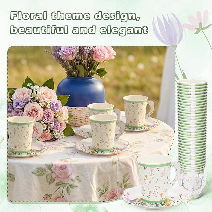 100 Sets Wildflower Floral Paper Tea Cups and Saucers Disposable Paper Tea Party Supplies 9 oz Cups with Handle and Saucer for Birthday Wedding Party Decorations