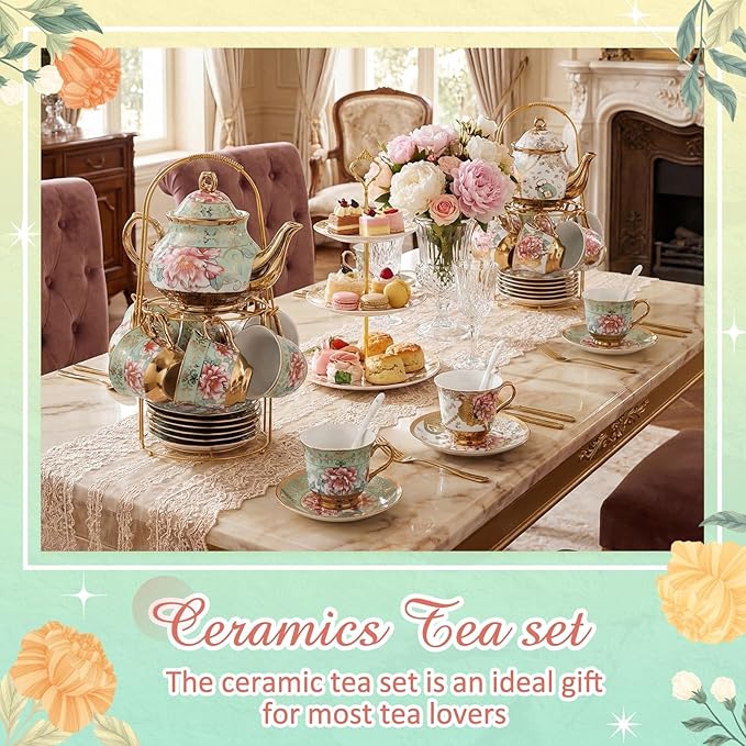 Zhehao 40 Pcs Porcelain Tea Set with Metal Holder and Spoon Adult Ceramic Tea Set European Flower Painting Teapot Cup Saucer Spoon for Women, Large Version (Fresh Style,Bright Style)