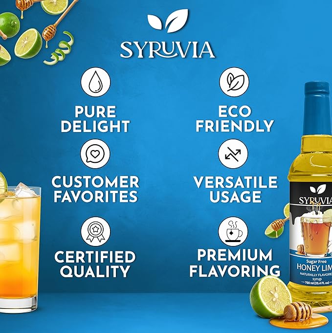 Syruvia Sugar-Free Honey Lime Syrup, Natural Flavors, Syrup for Drinks, Lattes, and Desserts – 25.4 fl oz