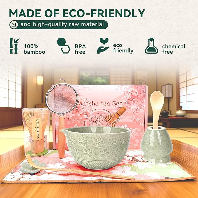 Sakura Matcha Whisk Set, 8 PCS Japanese-Style Matcha Kit with Cherry Blossom Matcha Bowl, Bamboo Whisk & Holder, Scoop, Spoon Rest, Wooden-Handle Sifter & Gift Box for Matcha Lovers (Mottled Green)