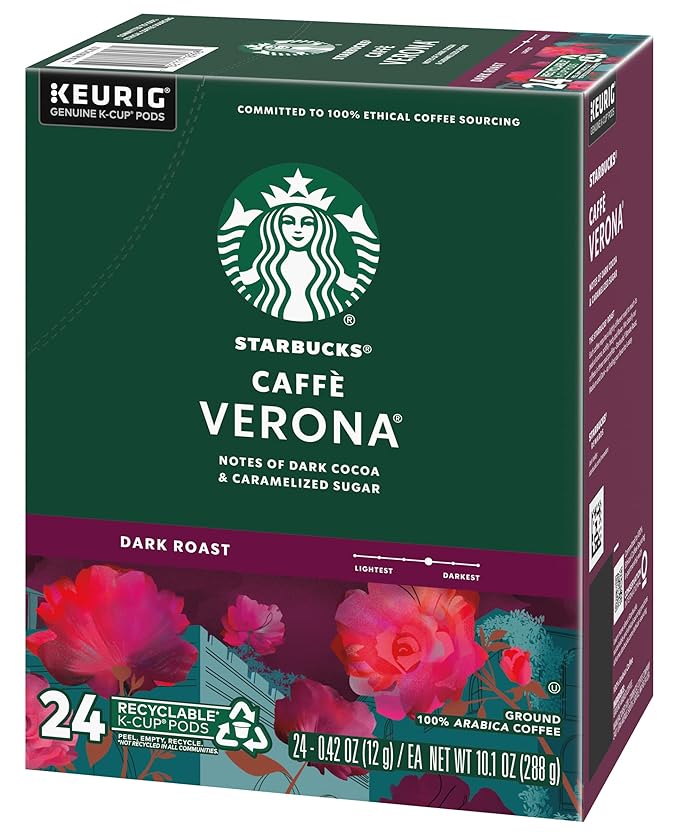 Starbucks Coffee K-Cup Pods, Caffè Verona, Dark Roast Coffee, Notes of Dark Cocoa & Caramelized Sugar, Keurig Genuine K-Cup Pods, 24 CT K-Cups/Box (Pack of 2 Boxes)