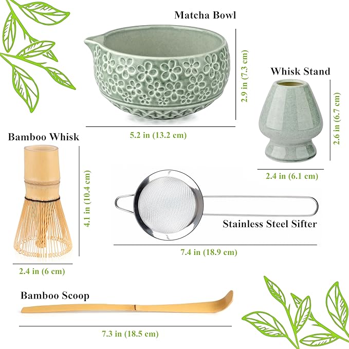 Matcha Whisk Set- Matcha Set includes Matcha Whisk and Bowl, Sifter, Holder and Scoop- The Perfect Bamboo Whisk for Matcha Tea (Blue Flowers)