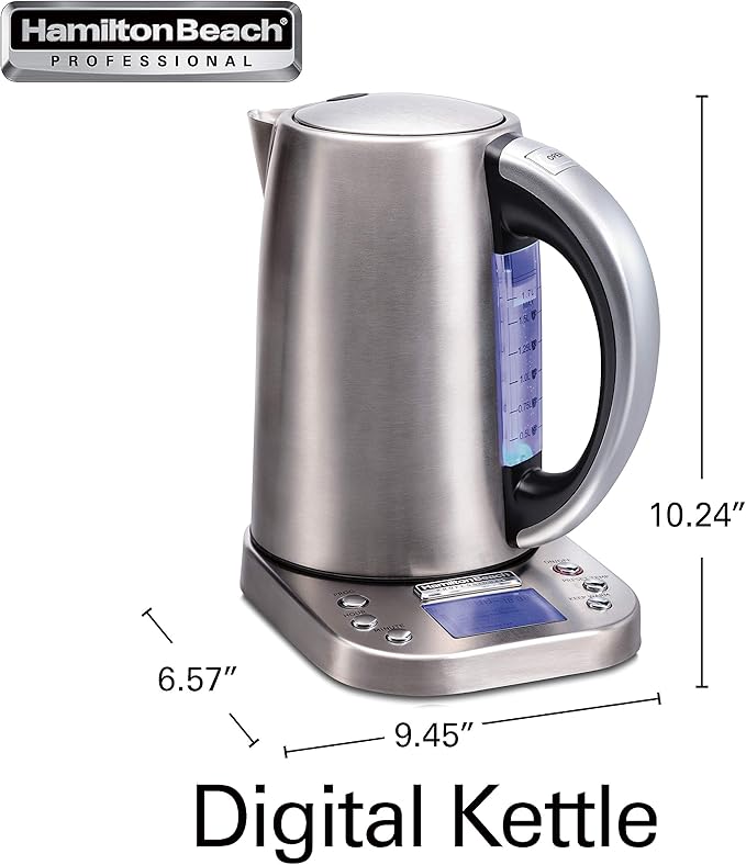 Hamilton Beach Professional Digital LCD Temperature Control Electric Tea Kettle, Water Boiler & Heater, 1.7 Liter, Fast Boiling 1500 Watts, Cordless, Auto-Shutoff & Boil-Dry Protection, Silver (41028)