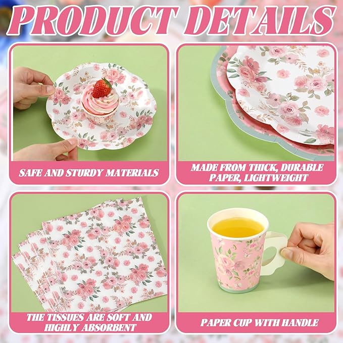 Pickmesh 252 Pcs Pink Floral Tea Party Supplies for 36 Guests Pink Floral Paper Disposable Dinnerware Flower Teacups with Handle and Saucers Set for Tea Party Decorations Birthday Wedding
