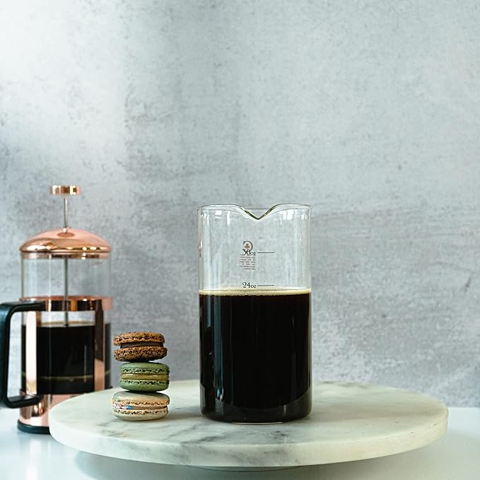 French Press Replacement Glass with Steel Filters by Cafe Crush Club - Fire Hardened Borosilicate Beaker - 34 Ounce | 1 Liter Size with Black Measures