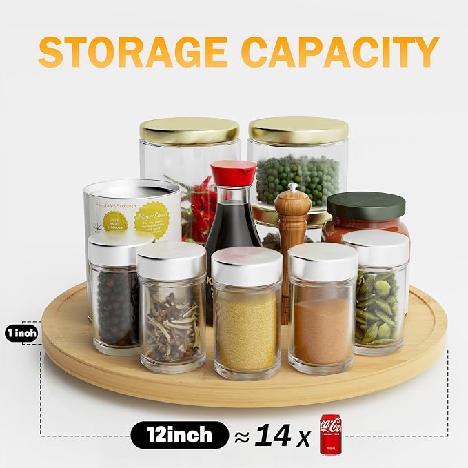 Lazy Susan Organizer Homerays 12 Inch Non-Skid Bamboo Lazy Susan for Kitchen Rotating Spice Rack for Kitchen Cabinet, Wood Turntable for Kitchen Countertop Organizer - Image 6