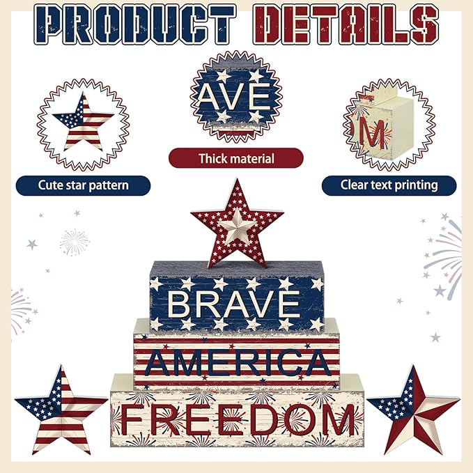 Geelin 6 Pieces 4 of July Table Decorations Patriotic Memorial Day Wooden Block Signs Red White Blue Tabletop Centerpieces Farmhouse Independence Day Tiered Tray Decor for Home 250th Anniversary