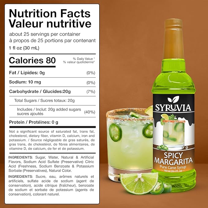 Syruvia Spicy Margarita Syrup, Flavored Syrup for Cocktails, Drinks, Lemonades, Iced Teas, and Desserts – 25.4 fl oz, With Pump
