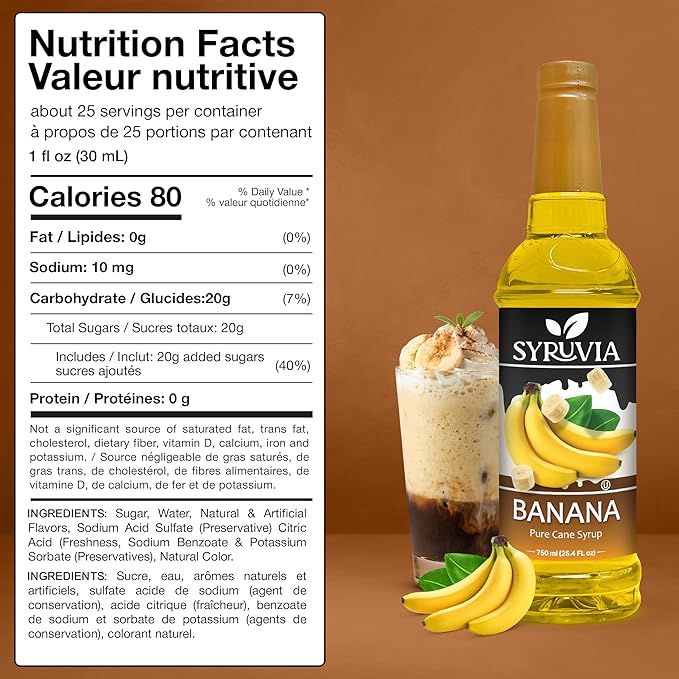 Syruvia Banana Premium Coffee Flavoring Syrup - 25.4 fl oz - Kosher Syrups, Gluten Free, No Coloring, Perfect for Drinks, Soda, Shakes, Cocktails, Desserts, and More With Pump