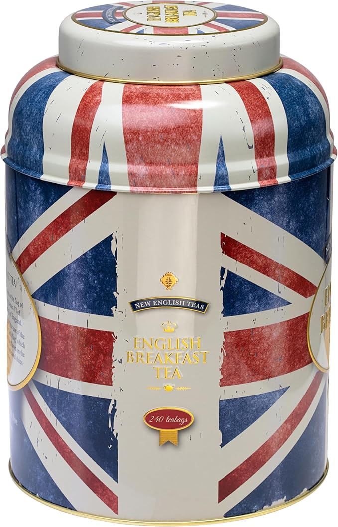 New English Teas Union Jack Large Round Tea Caddy with 240 English Breakfast Teabags
