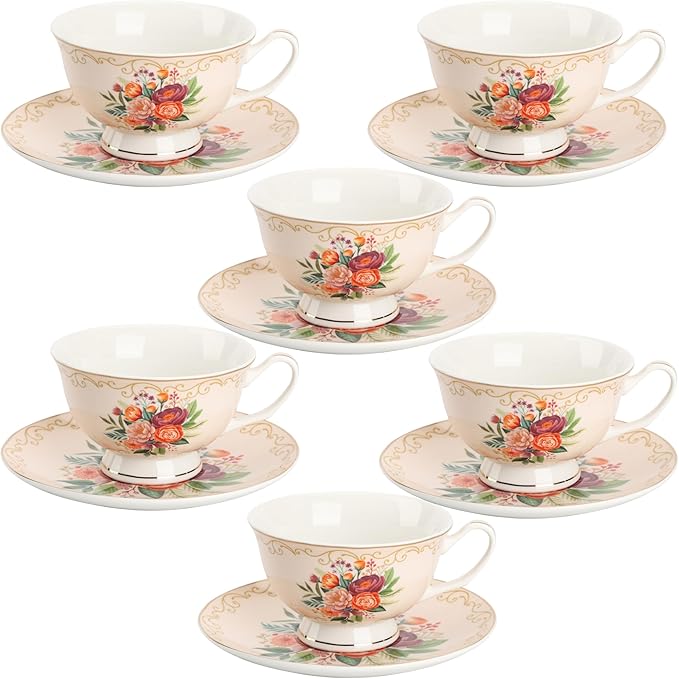 BTaT- Floral Tea Cups and Saucers, Set of 6, 8 oz, Fine Porcelain Teacup Set with Gold Trim for Afternoon Tea, Weddings, Parties & Gifting, Dishwasher Safe