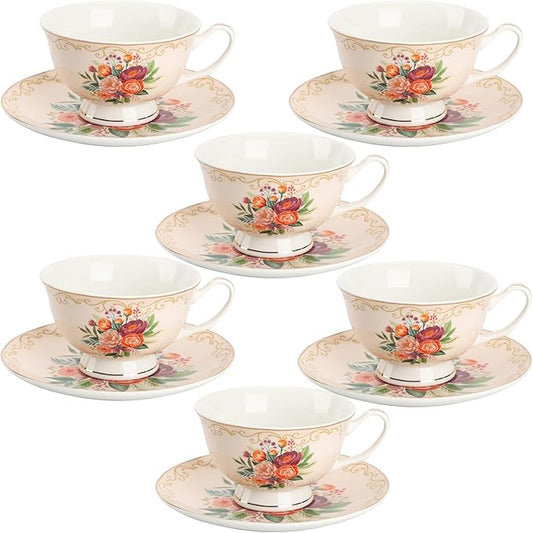 BTaT- Floral Tea Cups and Saucers, Set of 6, 8 oz, Fine Porcelain Teacup Set with Gold Trim for Afternoon Tea, Weddings, Parties & Gifting, Dishwasher Safe