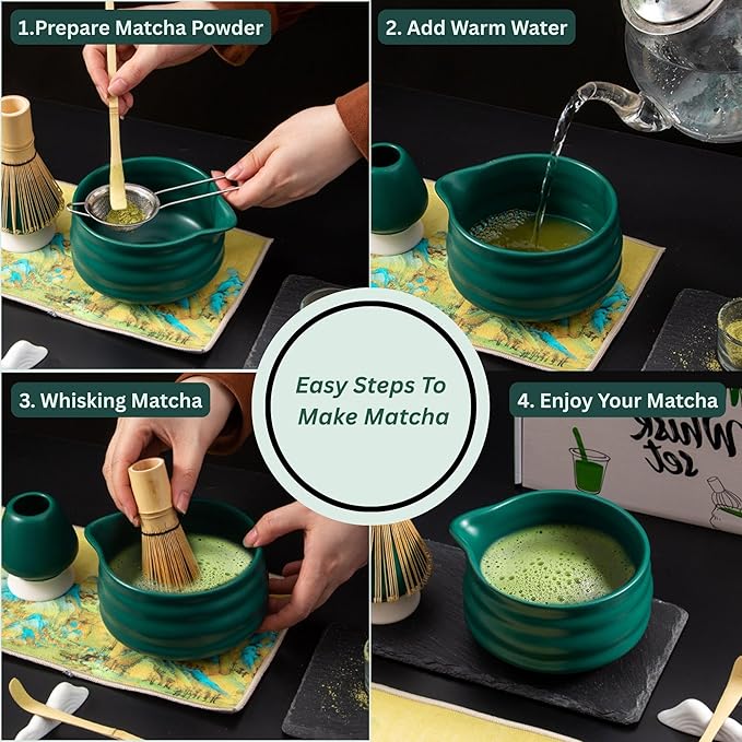 7PCS Ceramic Matcha Set – Traditional Japanese Tea Kit for Matcha Preparation with Pouring Bowl, Bamboo Whisk & Stand, Scoop with Rest, Sifter and Tea Cloth – Ideal for Matcha Lover