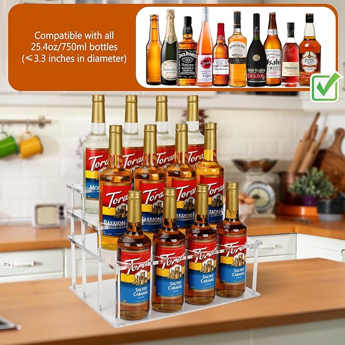 Acrylic 12 Bottle Capacity Coffee Syrup Organizer, 3-Tier Coffee Syrup Rack, Syrup Bottle Holder Stand for Coffee Bar Kitchen Countertop, Family Storage for Syrup Wine Dressing