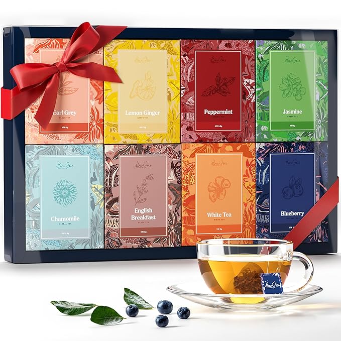 Tea Gift Set For Women - Tea Sampler Gift Set Box Variety Pack - Includes 32 Loose Leaf Tea Bags in 8 Rich Flavors - Holiday Gift for Women