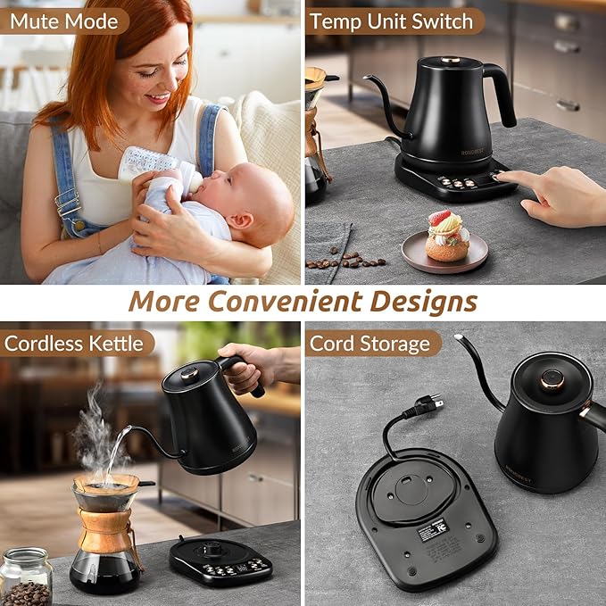 Electric Gooseneck Kettle 1L 1200W, 6 Temperature Presets, Quick Heating Pour Over Kettles for Coffee & Tea with Auto Shut-off, Stainless Steel Inner & Lid, Matte Black