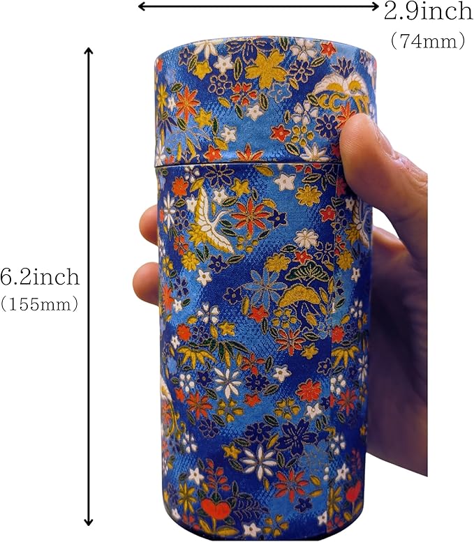 Japanese Tea Canister Double Lid, Japanese Washi Paper Coated with Capacity of 6.2oz(175g), Japanese Green Tea Container, kaen(青)