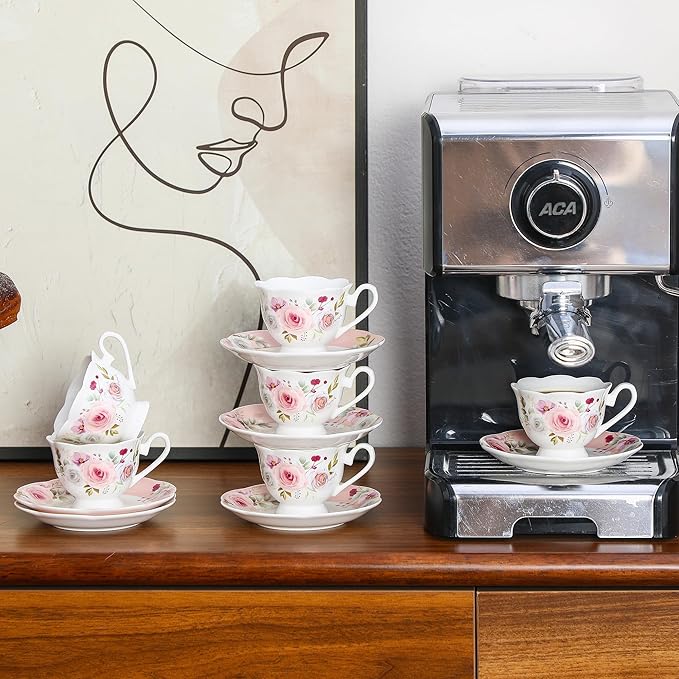 Porcelain Demitasse Set of 6 (12-Piece) - 2.5oz Espresso Cups & Saucers with Romantic Pink Floral Pattern, Dishwasher & Microwave Safe