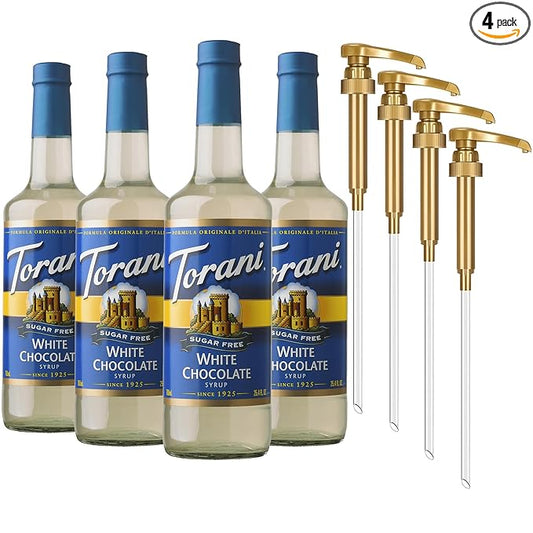 Torani Sugar Free Coffee Syrup, White Chocolate Flavored Syrup for Drinks, Zero Calorie, Glass Bottle 4-Pack, Pumps Included, 25.4 Fl Oz Ea