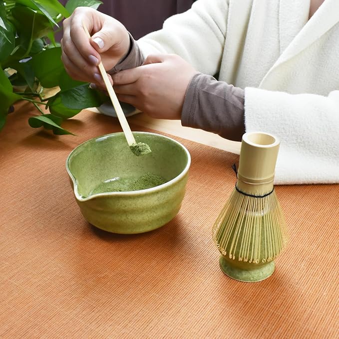Artcome 4-Piece Matcha Tea Set - Complete Japanese Ceremony Kit with Bowl, Whisk, Whisk Holder, Scoop & Guide, Mottled Green
