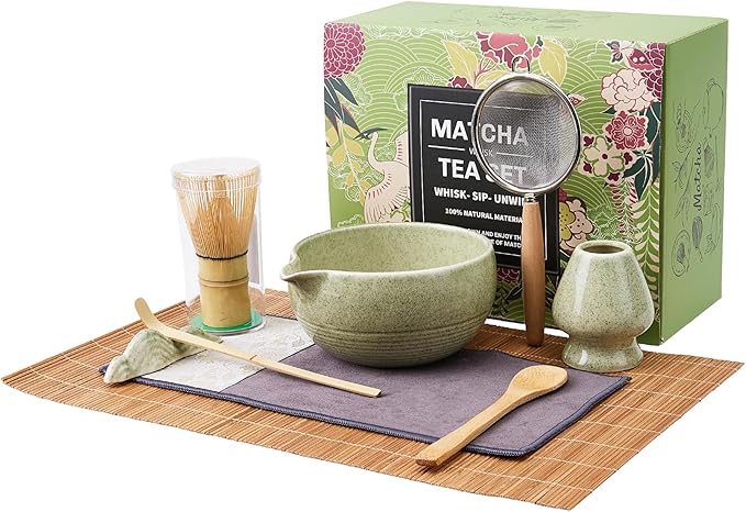 Matcha Whisk Set，9-Piece Traditional Matcha Kit in Giftbox, Bamboo Whisk Ceramic Matcha Bowl Matcha Kit for Ceremony, Making Tools for Tea Ceremony (Matcha Green)
