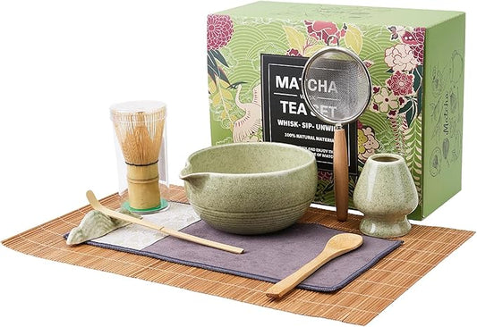Matcha Whisk Set，9-Piece Traditional Matcha Kit in Giftbox, Bamboo Whisk Ceramic Matcha Bowl Matcha Kit for Ceremony, Making Tools for Tea Ceremony (Matcha Green)