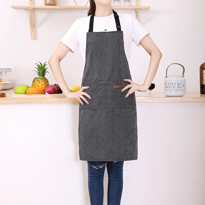 Tosewever 2 Pieces Kitchen Cooking Aprons, Cotton Polyester Blend Adjustable Bib Aprons with 2 Pockets for Women Men Chef Chef (Navy/Black Stripes, 2) - Image 2