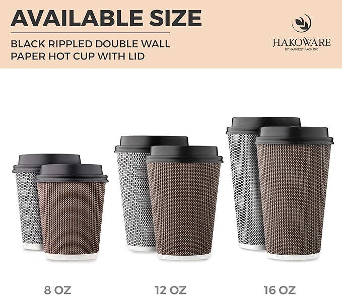 [85 SET]Harvest Pack 16 oz Disposable Coffee Cups, Insulated Ripple Double-Walled Paper Cups with Lids, Brown Geometric, Drinking Cups for Tea Hot Chocolate Drinks To go coffee cups