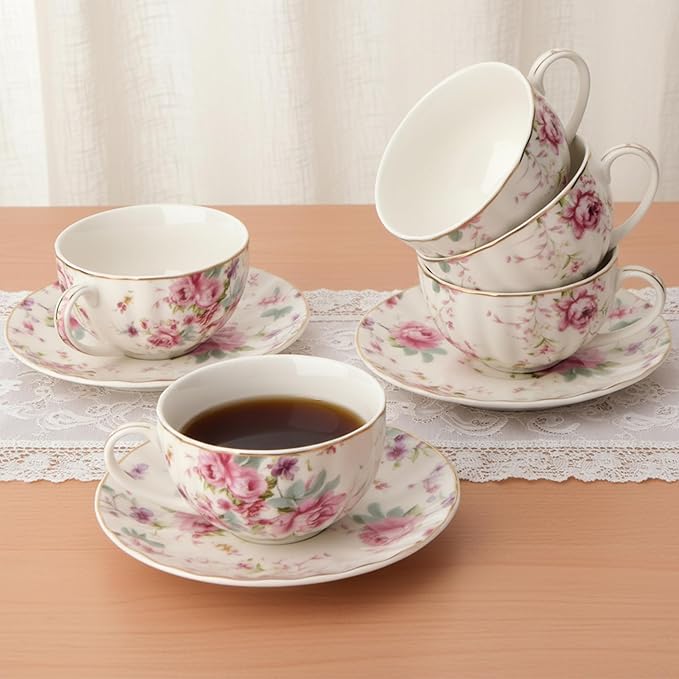 BTaT- Floral Tea Cups and Saucers, Set of 6, 7 oz, Fine Porcelain Teacup Set with Gold Trim for Afternoon Tea, Weddings, Parties & Gifting, Dishwasher Safe and Freezer Safe