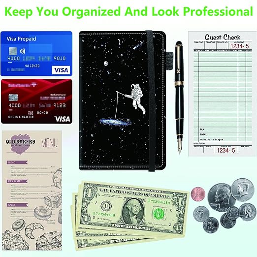 Server Books for Waitress, 5x9 Inch Waitstaff Server Order Pads, 11 Large Pockets, Cute PU Leather Waitress Book Server Wallet with Elastic Band Fit Server Apron,Spaceman - Image 5