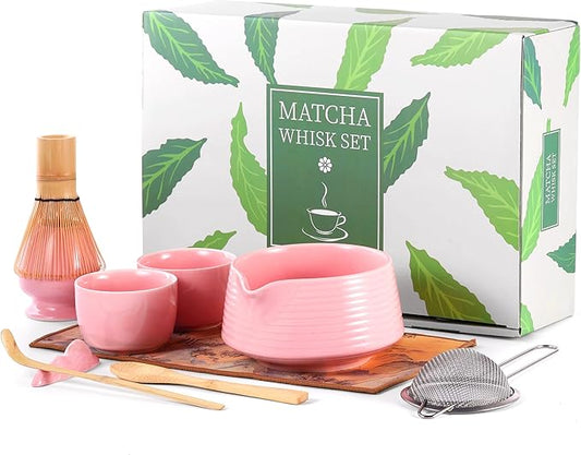 HELPLX Matcha Whisk Set, 10-Piece Japanese Matcha Kit with Bowl, Whisk & Holder, 2 Tea Cups, Bamboo Scoop, Spoon, Sifter, Scoop Rest & Tea Towel – Pink Matcha Tea Set for Ceremony or Daily Use