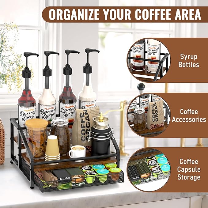 Alyoen Coffee Syrup Organizer Rack, 3-Tier Coffee Station Organizer for Countertop, Coffee Bar Organizer with 35K Cup Storage Basket, Coffee Syrup Holder Stand for Coffee Bar Accessory, Syrup - Wine