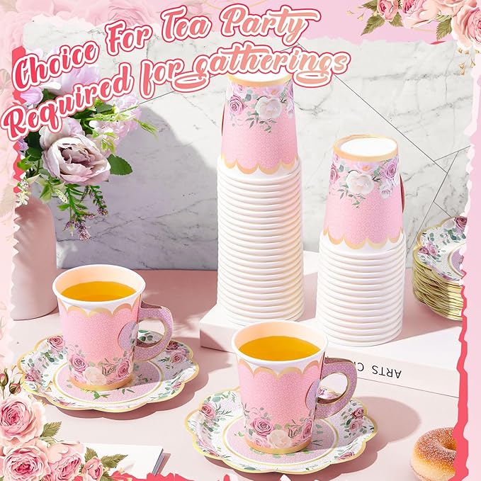 Tioncy 100 Pcs Tea Party Decorations Include 50 Pieces 9 oz Paper Tea Cups with Handle and 50 Plates Disposable Teacups and Saucers Sets for Birthday(Blossom)