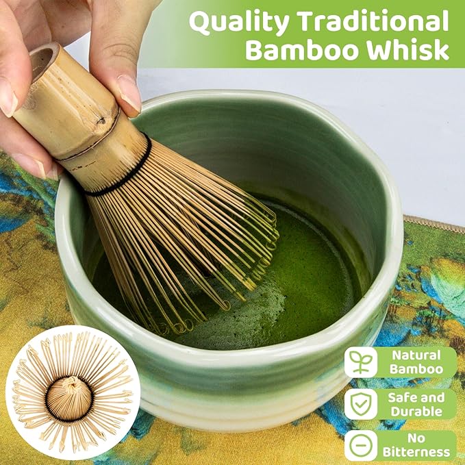 8PCS Matcha Whisk Set, Ceramic Matcha Kit Set, Japanese Tea Ceremony Tools with Matcha Bowl, Spoon, Bamboo Whisk, Holder, Sifter, Tea Cloth, Scoop and Scoop Stand (Dark Green and White)