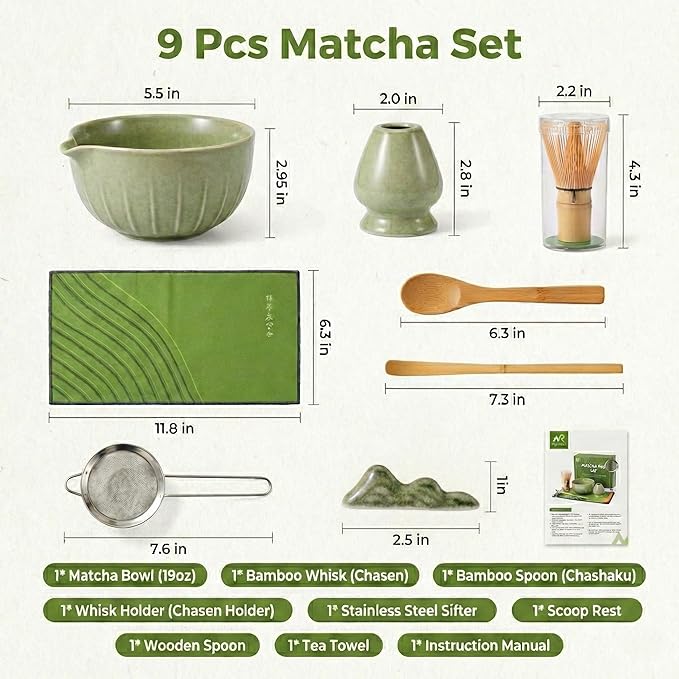Matcha Whisk Set 9 Pcs | 19oz Ceramic Matcha Bowl with Bamboo Whisk & Holder, Sifter, Chashaku Scoop, Wooden Spoon, Scoop Rest, Tea Towel & Gift Box | Complete Matcha Set Kit for Matcha Lovers