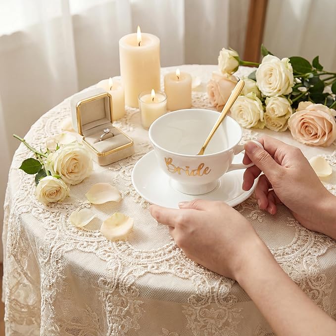 Rtteri Bride Teacup and Saucer Set 7oz Bridal Shower Teacup Porcelain Ceramic Tea Cups for Bridal Shower Tea Party Wedding Decor Victorian Elegant Coffee(Vintage Color,Floral)