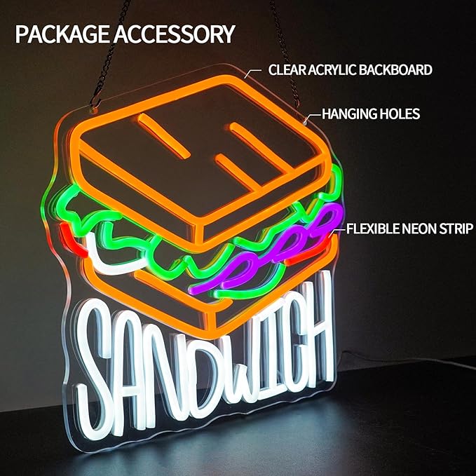 Sandwich Neon Sign Dimmable Food Neon Light Sign for Wall Decor Letters Snacks Led Signs for Home Kitchen Restaurant Store Fast Food Man Cave Bar Party Business Decor Gift 13.8" x 12.6"