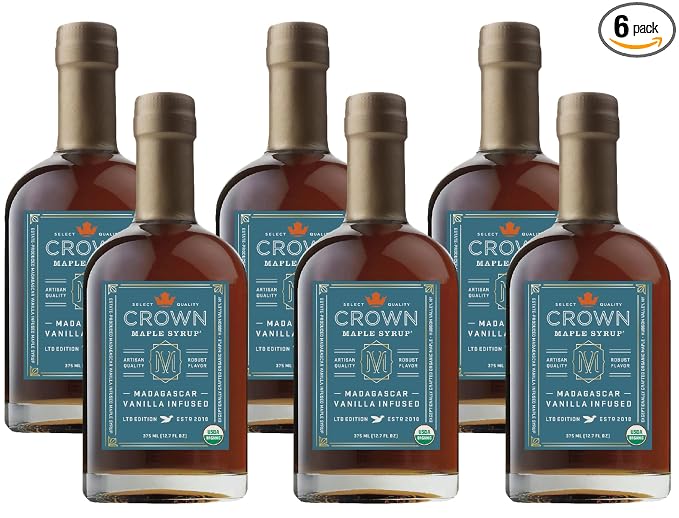 Crown Maple Certified Organic Madagascar Vanilla Infused Maple Syrup, Pure, Gluten Free, No Preservatives, Non-GMO Pairs well with Pancakes, Coffee, Cocktails & Brunch, 12.7 Fl Oz (Pack of 6) by CrownMaple