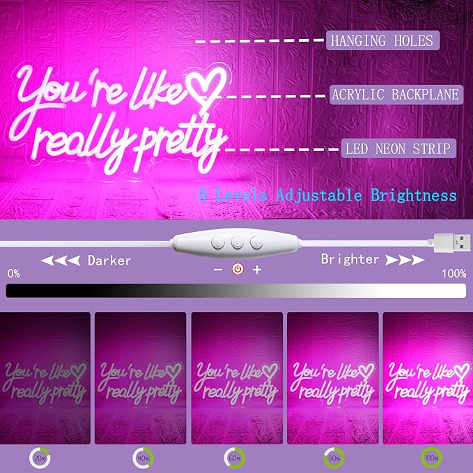 You're Like Really Pretty Neon Sign, Neon Signs for Wall Decor, Pink Led Neon Light for Wall Decor, USB Dimmable Led Neon Light Sign for Wedding, Bedroom, Home Decor